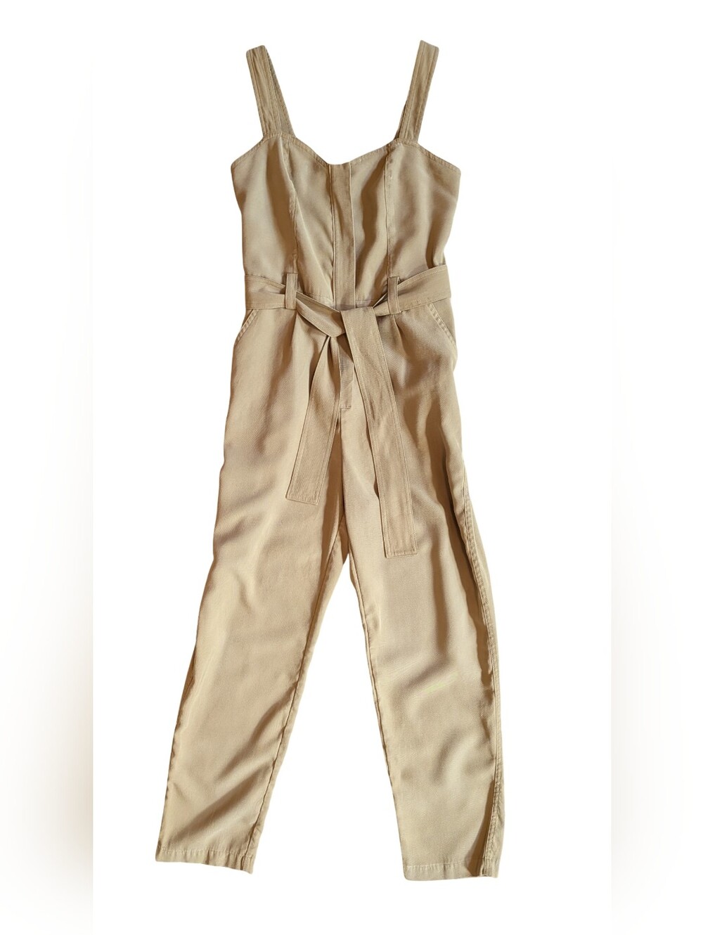Nine West Sleeveless Jumpsuit Romper Sweetheart Neck Pockets Tan S